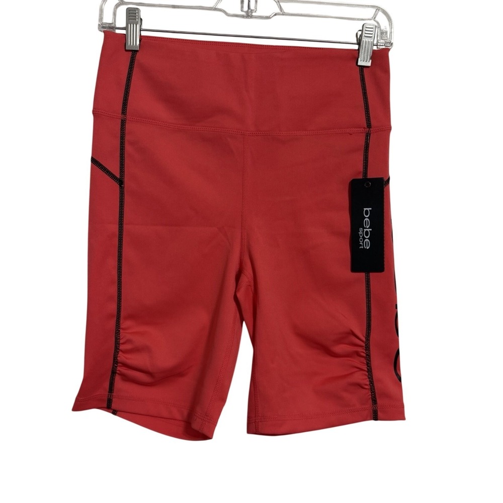 NWT Bebe Sport Hibiscus Contrast Stitch Ruched Pocket Biker Shorts Women's Med